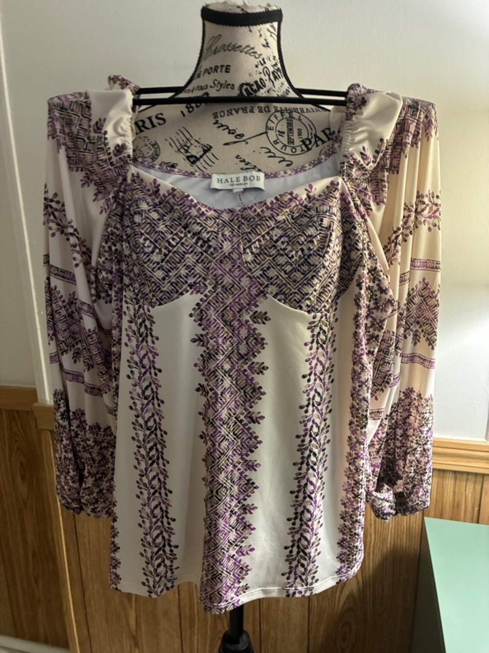 Hale Bob Cream and Purple Printed Long Sleeve Peasant Top Sz XL never worn